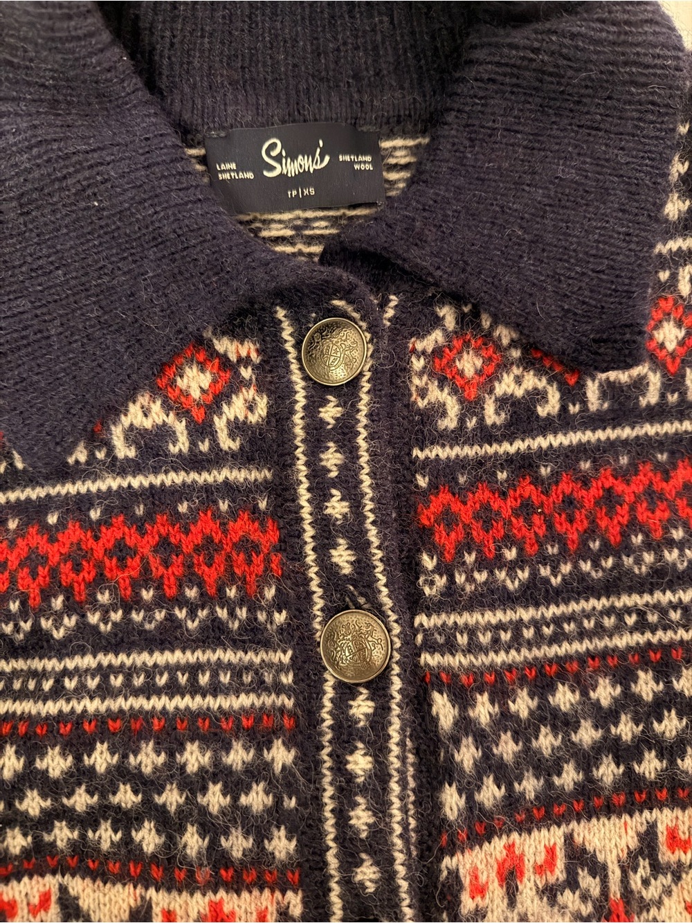 Simons Navy Fair Isle Button-Front Cardigan with Red and Cream Accents - Picture 4 of 5